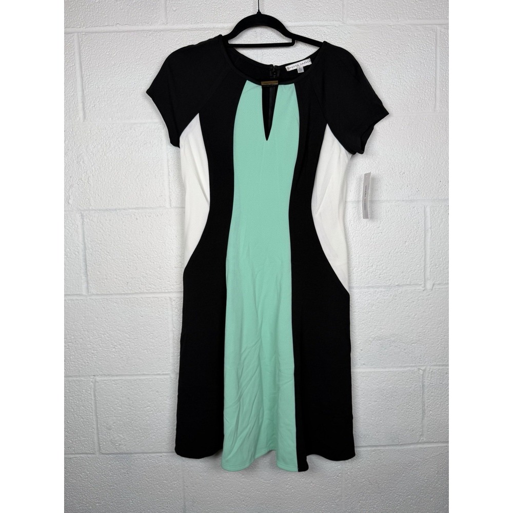 Sandra Darren Colorblock Fit Flare Dress 8 Mint Green Black White Keyhole NWT